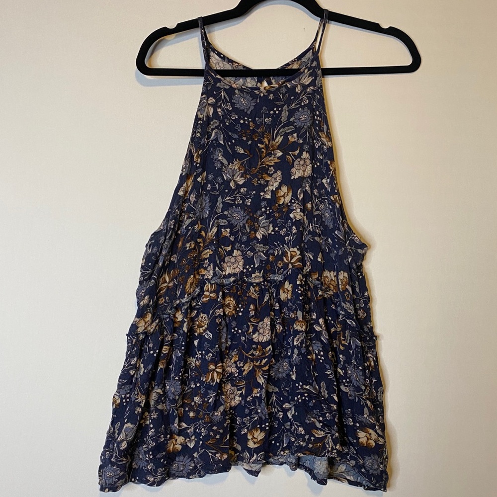 AEO Floral Peplum High Neck Tank Top Button Back